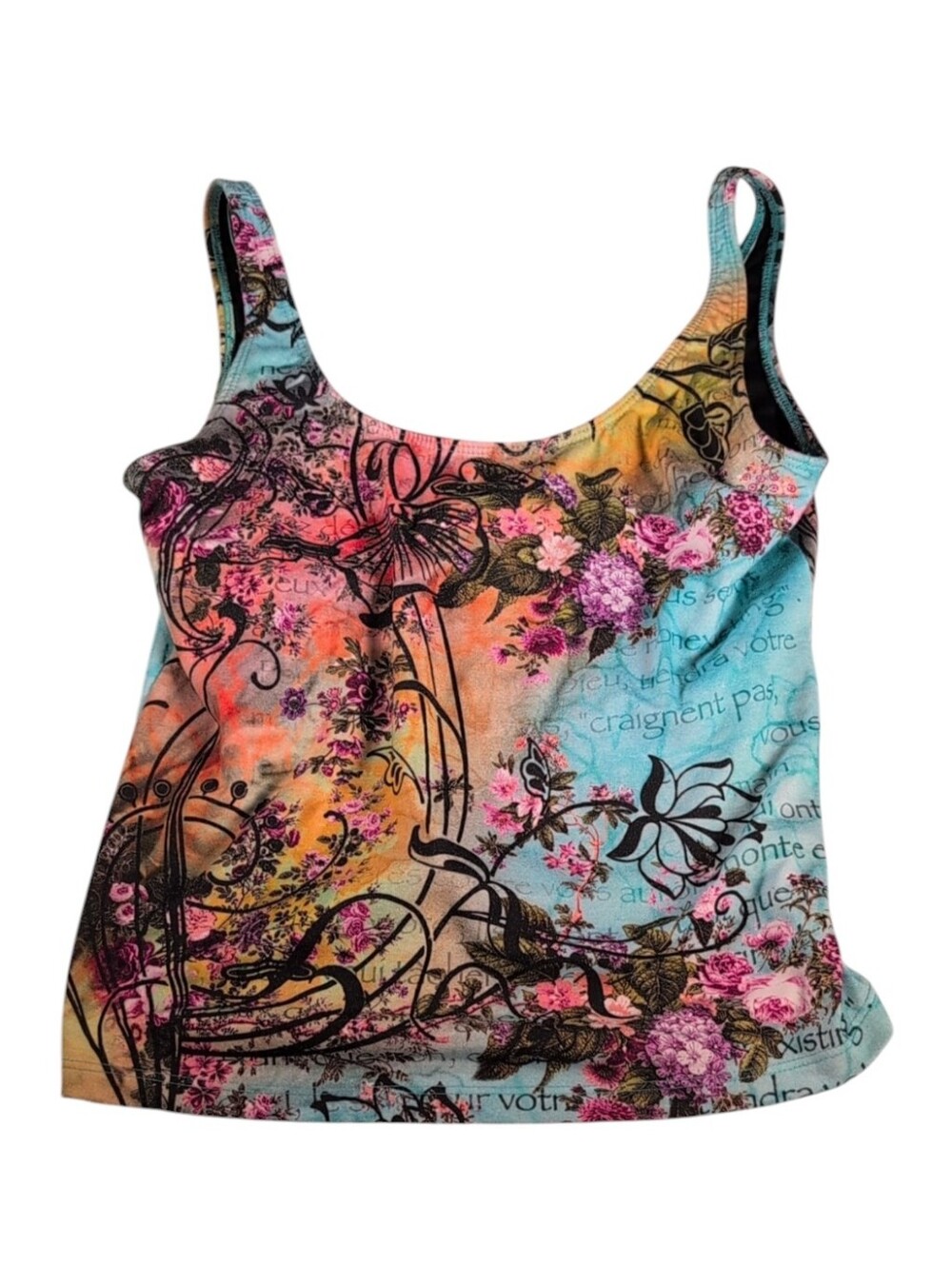 Marika Tank Top with Shelf Bra Floral & French Script Size XL